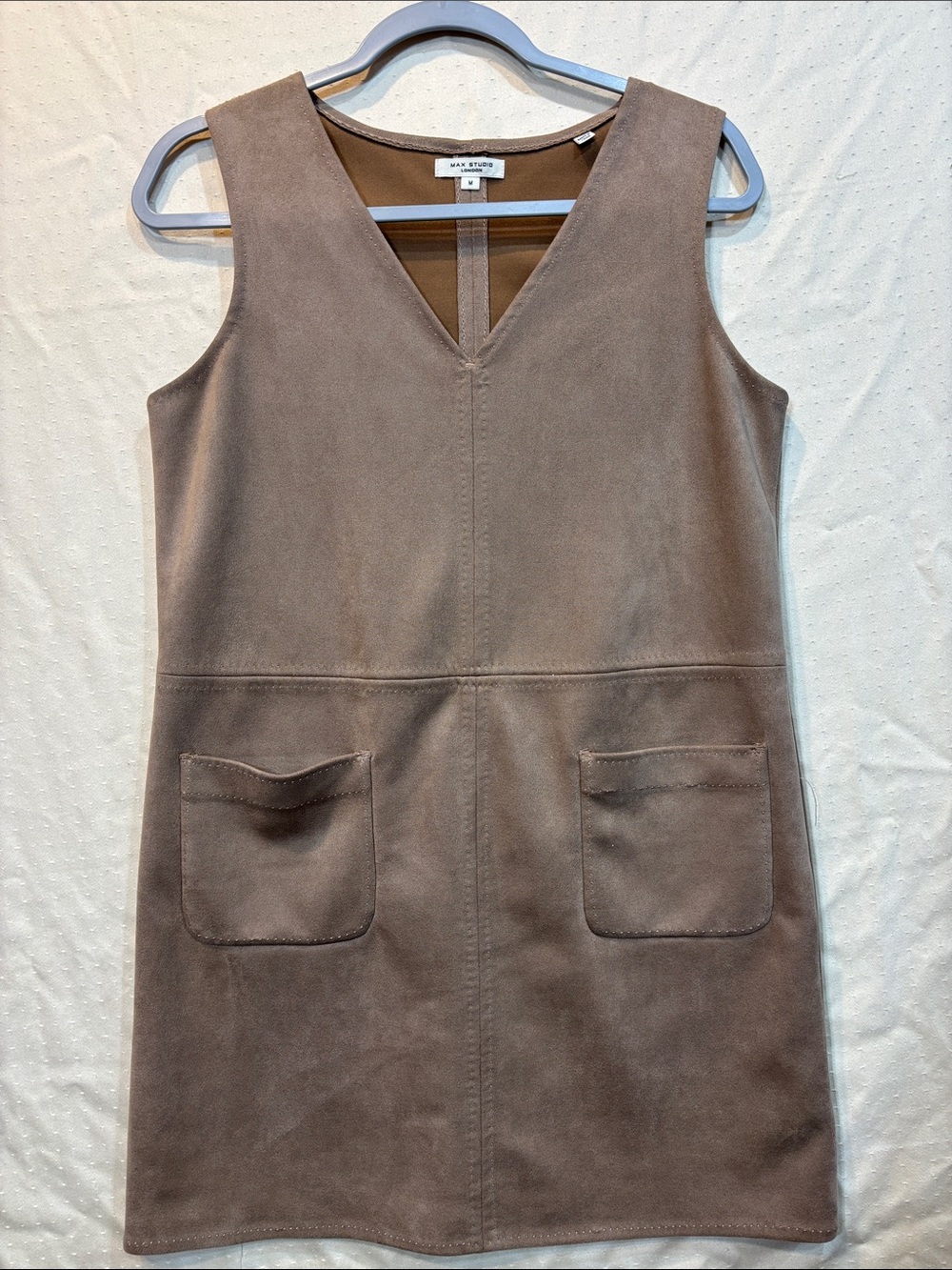 Max Studio Taupe Faux Suede V-Neck Mini Shift Dress